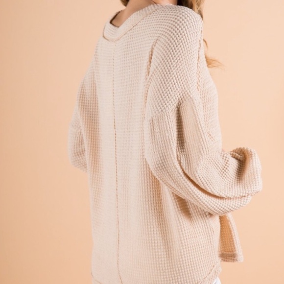 LOVERICHE V-NECK WAFFLE BALLOON SLEEVE KNIT TOP Beige Cream Womens Small - Picture 4 of 9